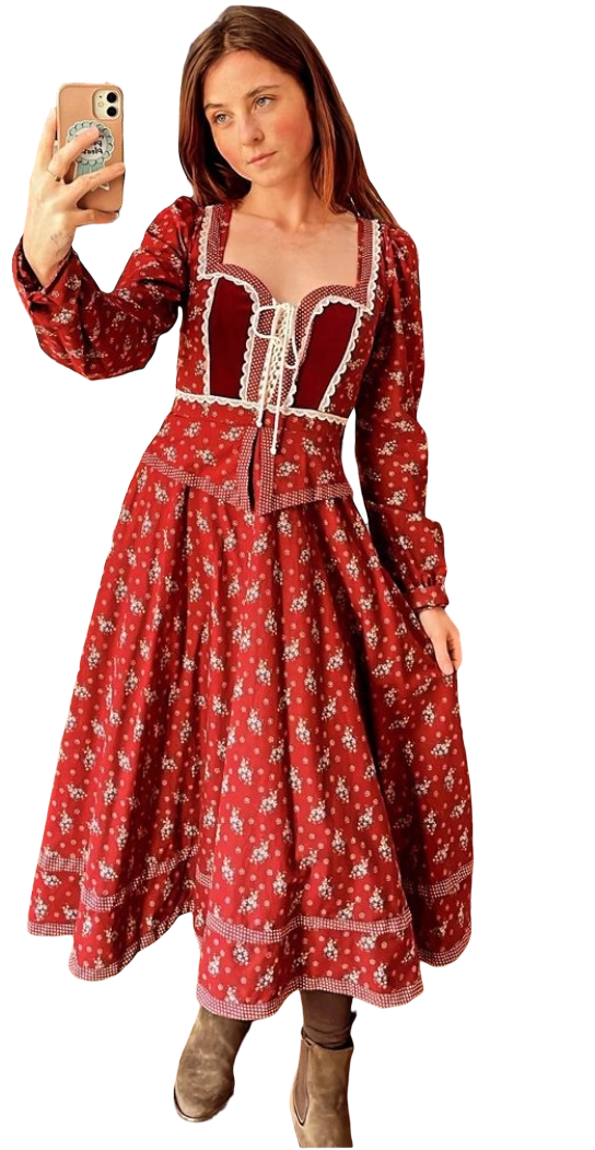 70s Gunne Sax Burgundy Calico Dress     W24