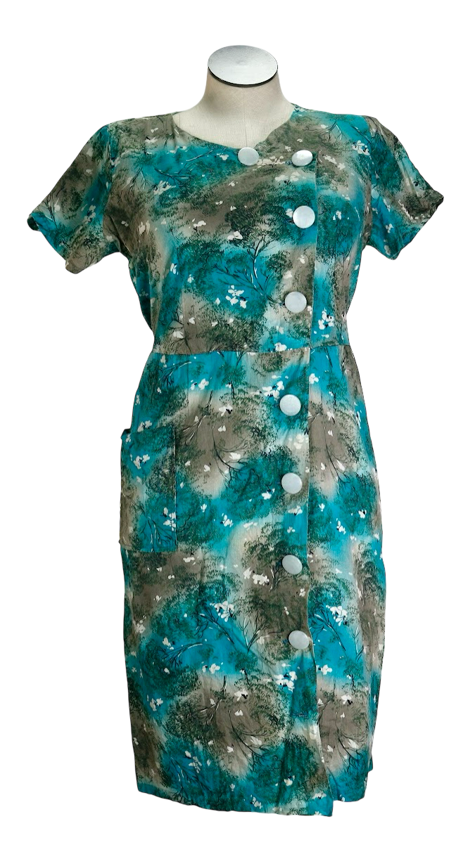 50s Handmade Blue Cotton Dress     w38