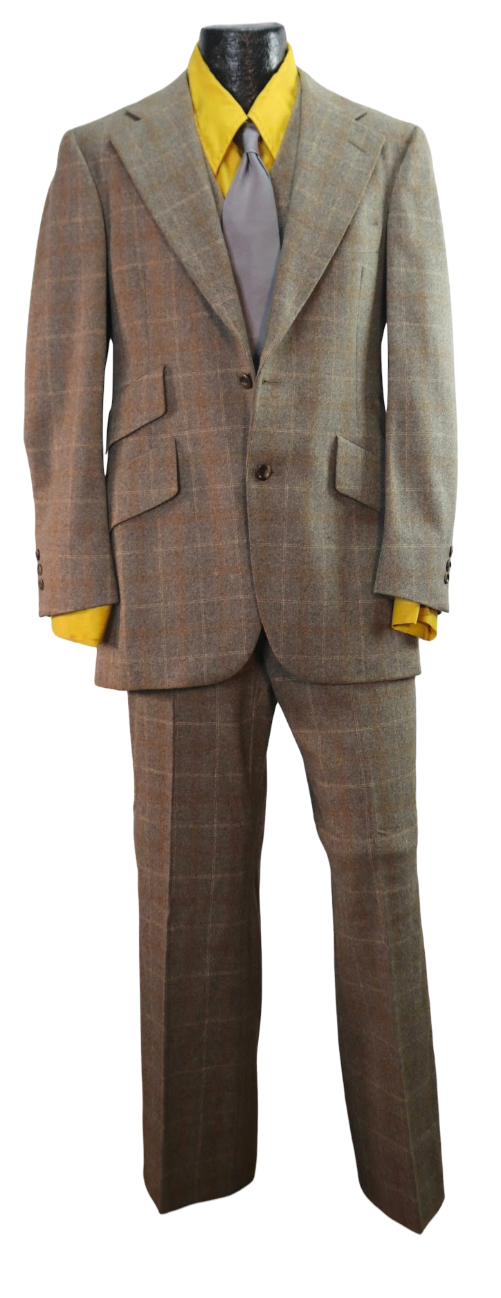 70s Plaid Tan/Gray Wool 3pc Suit     w32