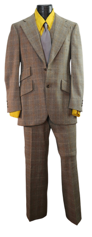70s Plaid Tan/Gray Wool 3pc Suit     w32