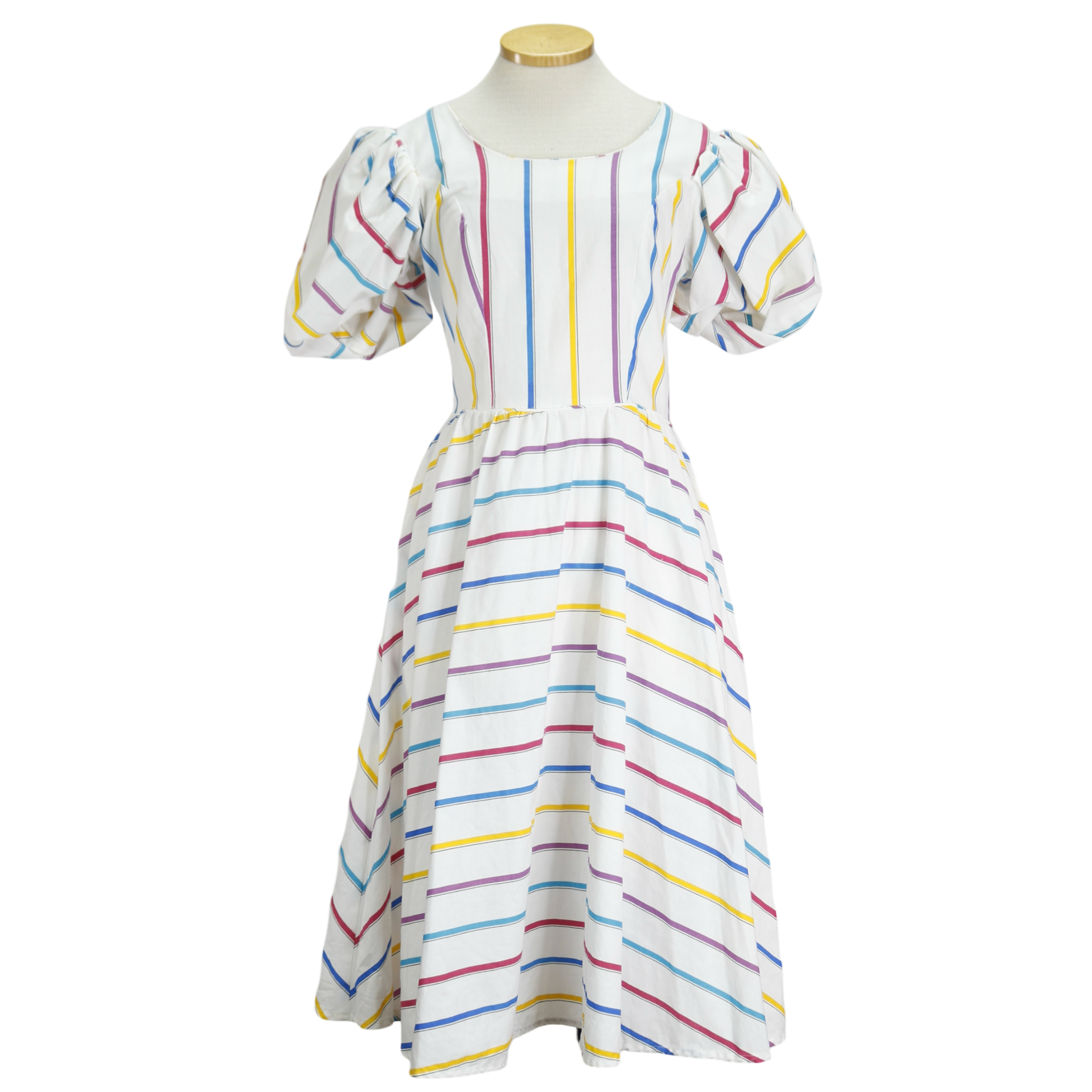 80s Plaza South Rainbow Stripe Mutton Sleeve Dress w28 80s Plaza South Rainbow Stripe Mutton Sleeve Dress w28
