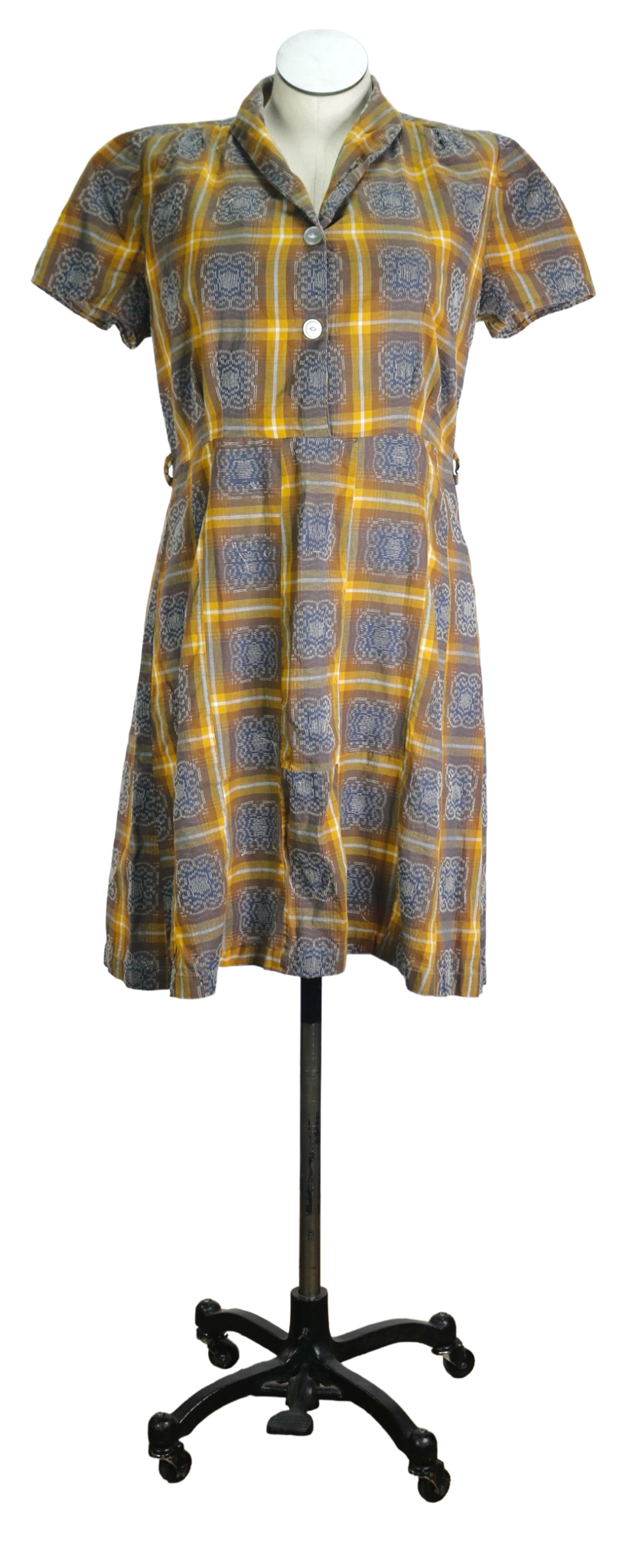 50s Yellow/Brwn Plaid Squares Dress       w37