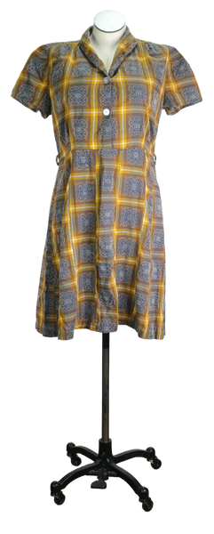 50s Yellow/Brwn Plaid Squares Dress       w37