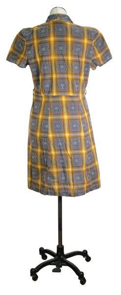 50s Yellow/Brwn Plaid Squares Dress       w37