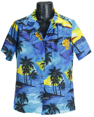 80s Blue Aloha Hawaiian Button Up Top       L