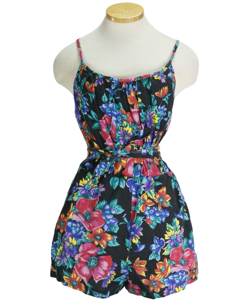 80s Catalina Black Floral Playsuit     w28