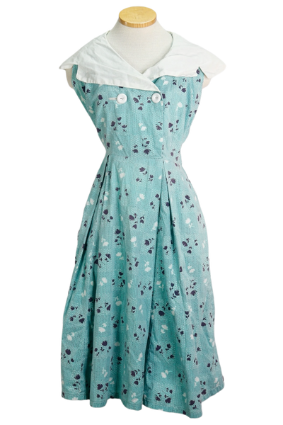 50s Handmade Blue Calico Dress     w32