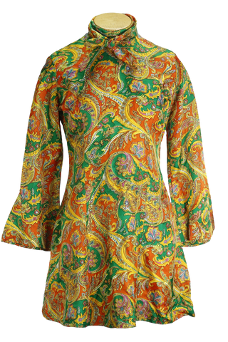 60s Psychedelic Pussybow Mod Dress      w32