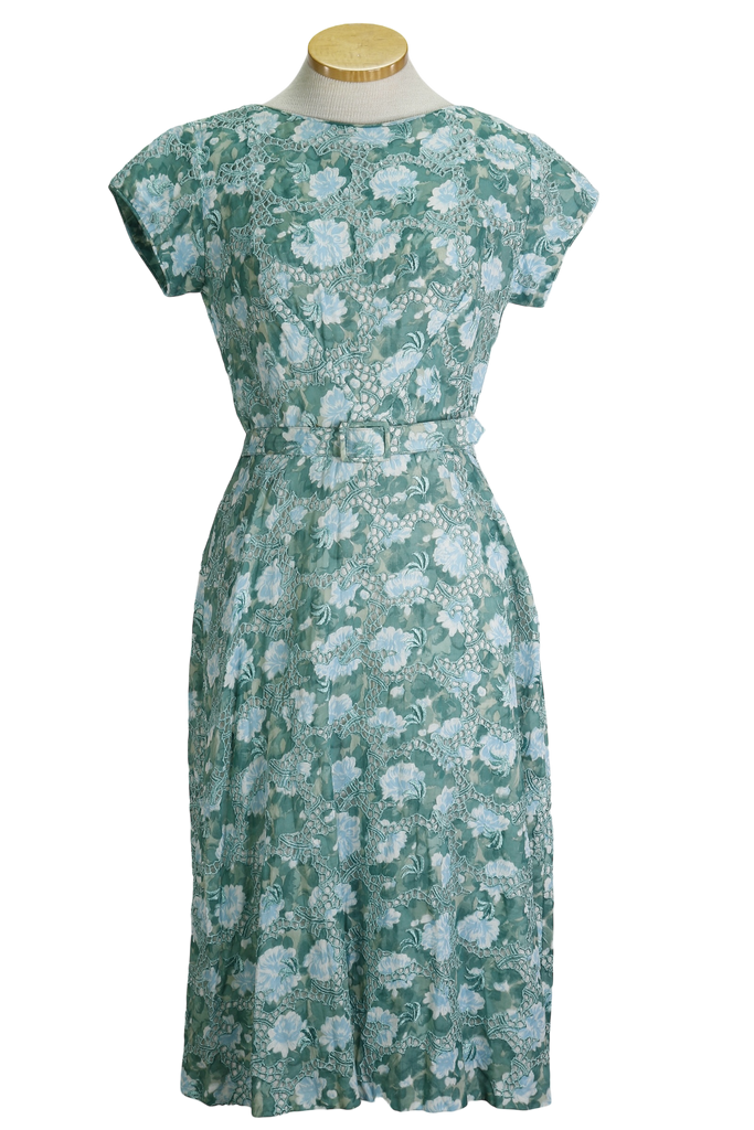 60s Sidney Kramer Blues Eyelet Dress with Belt      w32