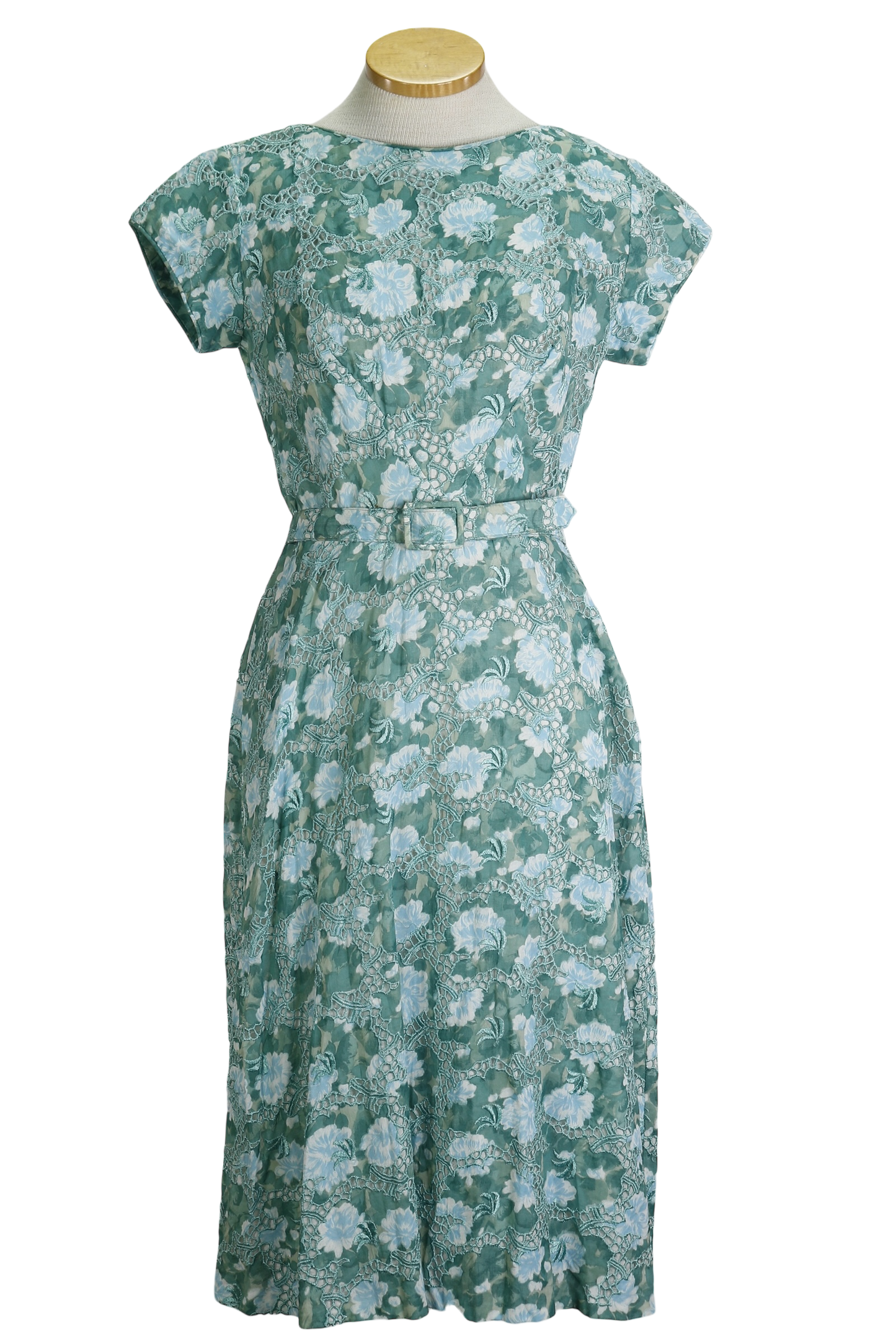 60s Sidney Kramer Blues Eyelet Dress with Belt      w32