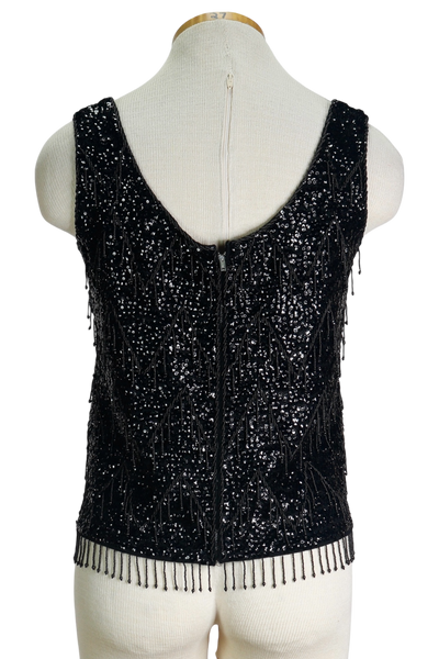 70s Black Sequin Knit Sleeveless Top      M