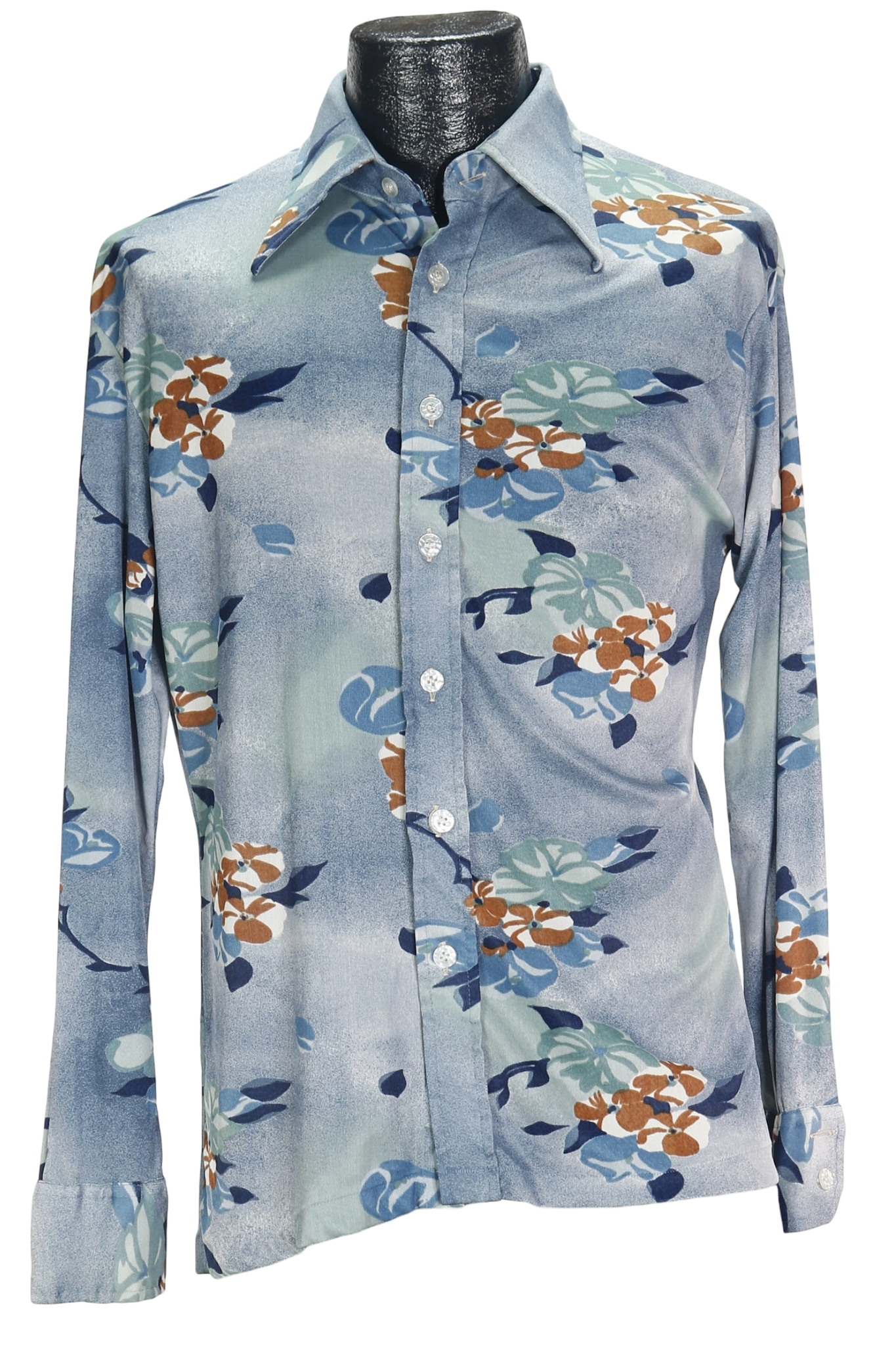 70s Blue Floral Disco Shirt      M