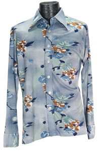 70s Blue Floral Disco Shirt      M