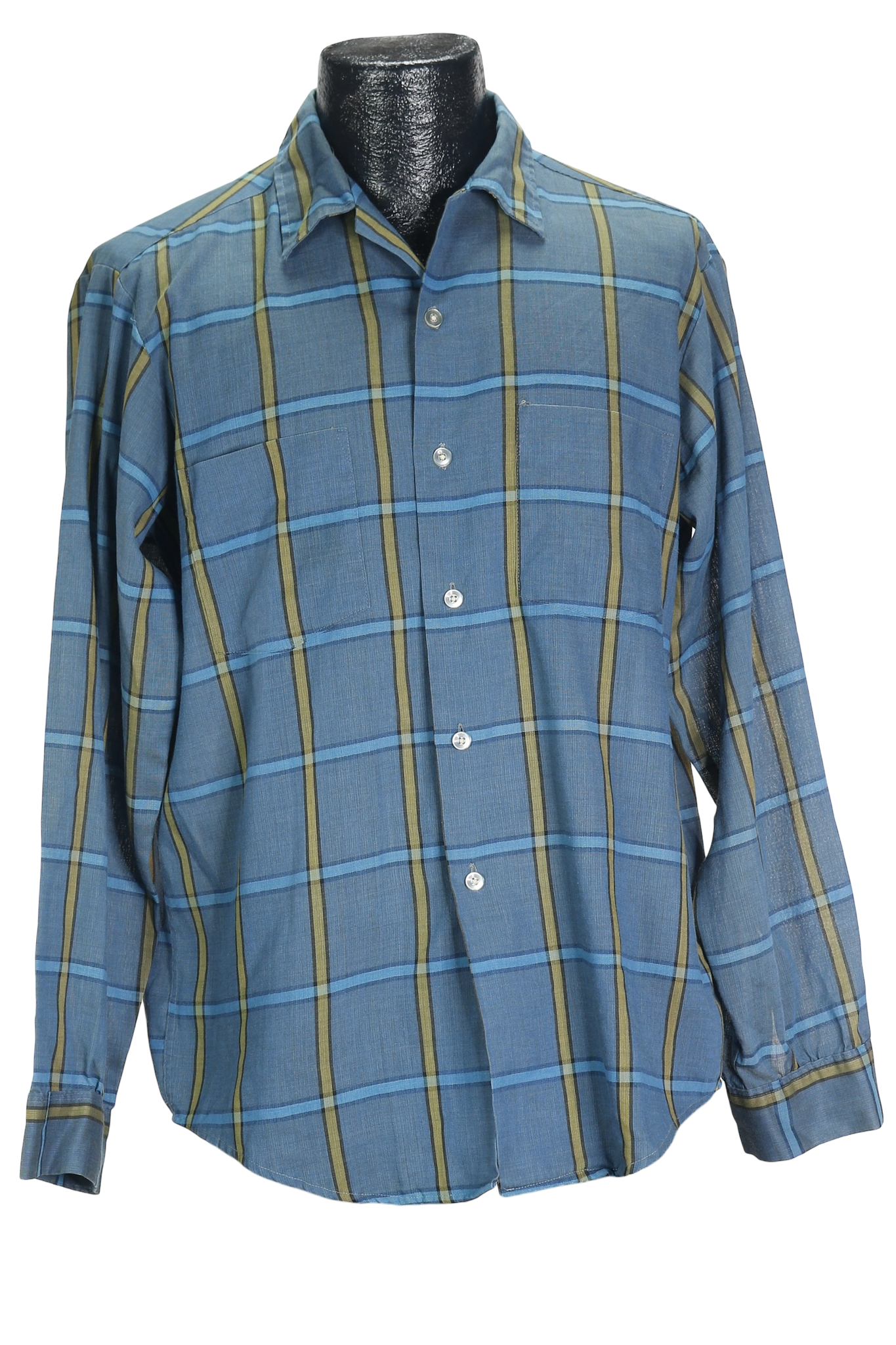 60s Archdale Blue & Gold Plaid Shirt         M