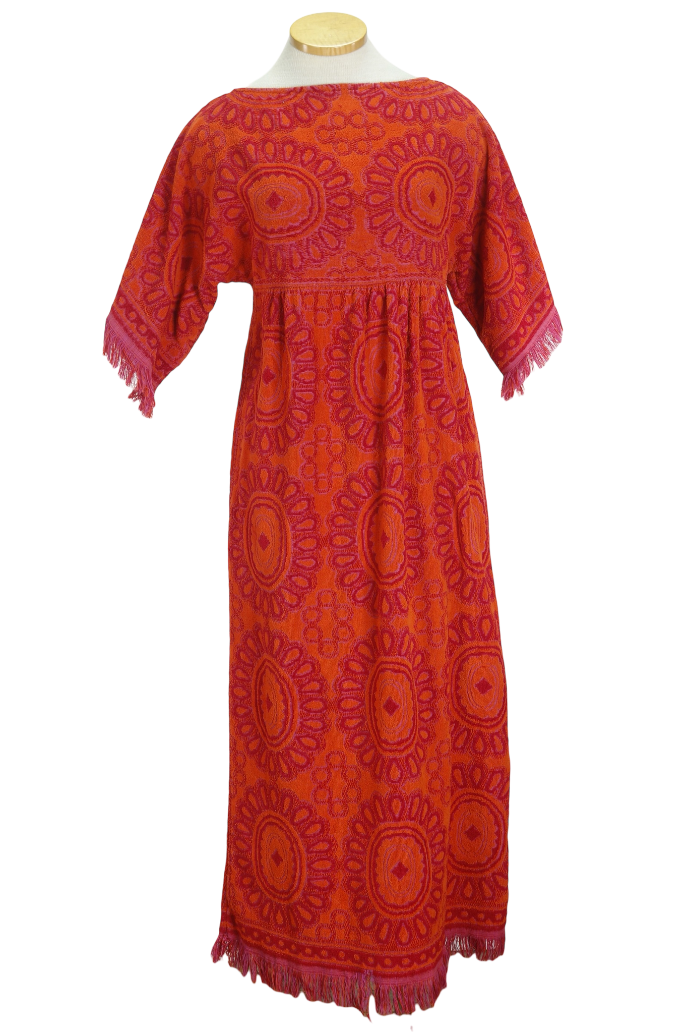 70s Terry Cloth Orng/Rd Paisley Dress       S