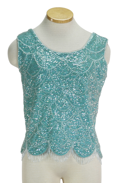 60s Aqua Sequin Wool Tank Top     M