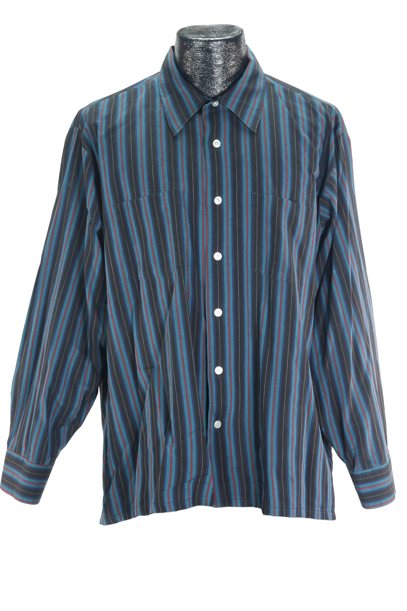 80s David Barry Blk/Blue Striped Shirt   XL