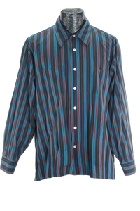 80s David Barry Blk/Blue Striped Shirt   XL