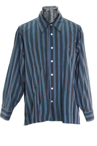 80s David Barry Blk/Blue Striped Shirt   XL