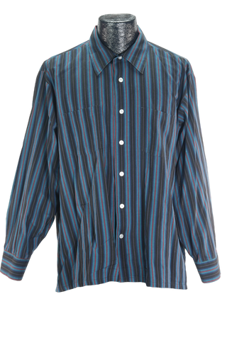 80s David Barry Blk/Blue Striped Shirt   XL