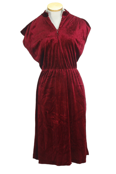 80s Red Wine Velour Cinch Dress      M