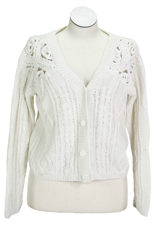 80s Extra Energy Wht Cableknit Cardigan     M