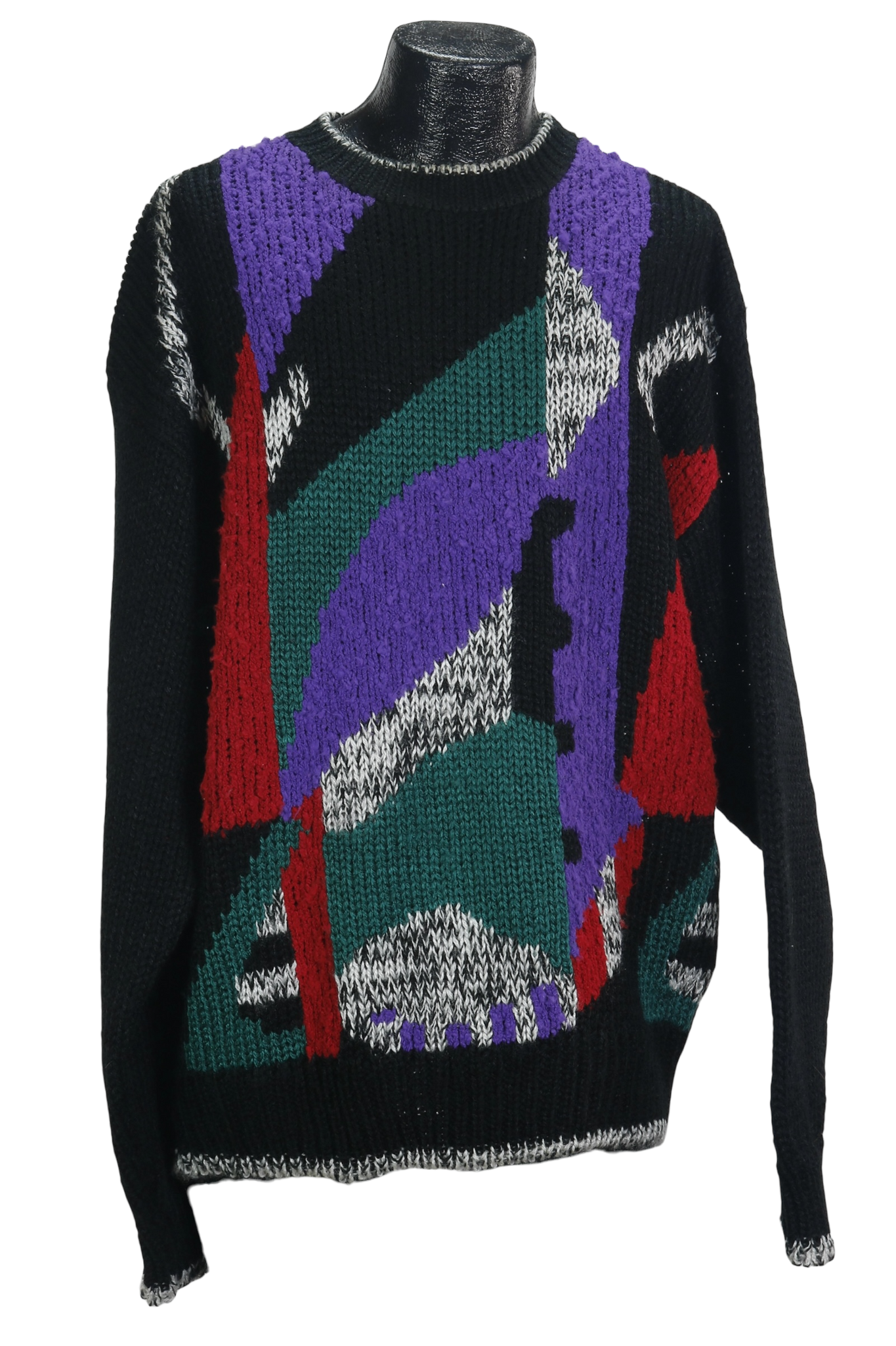 80s Oakton Handknit Blk/Prp Abstract Sweater      XXL