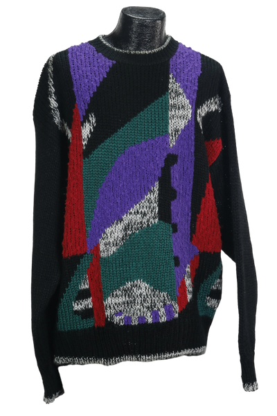 80s Oakton Handknit Blk/Prp Abstract Sweater      XXL