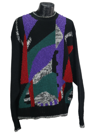 80s Oakton Handknit Blk/Prp Abstract Sweater      XXL