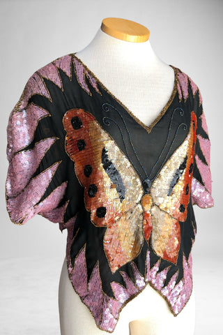 70s Silk & Sequin Butterfly Top    S/M