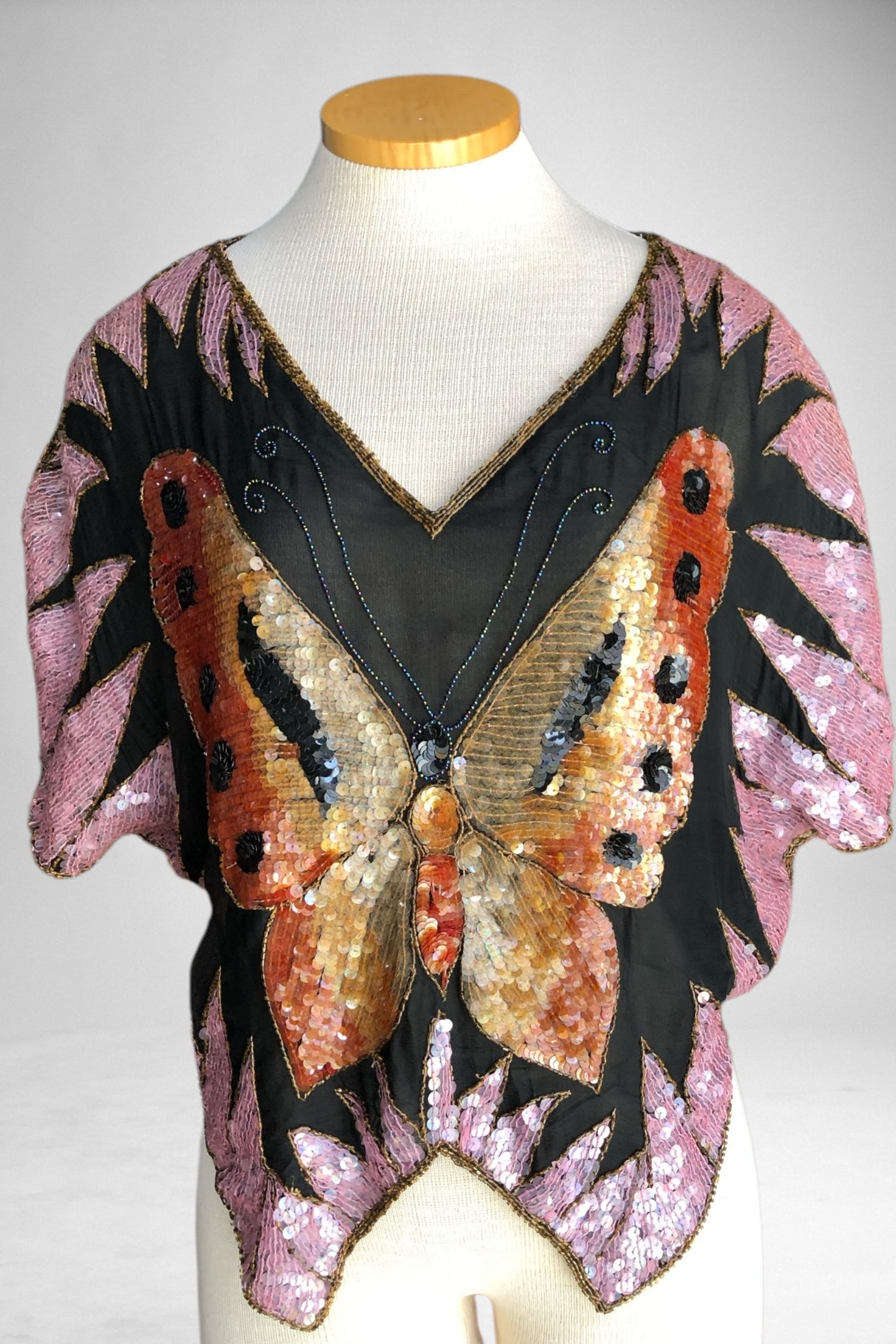 70s Silk & Sequin Butterfly Top    S/M