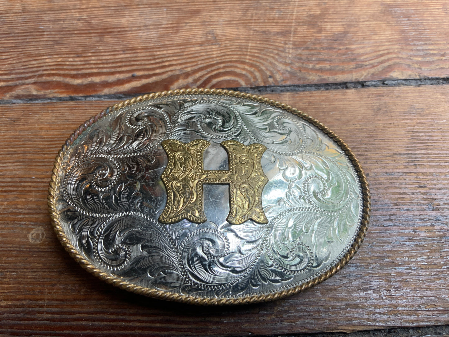 80s Silver & Gold "H" Filigree Buckle