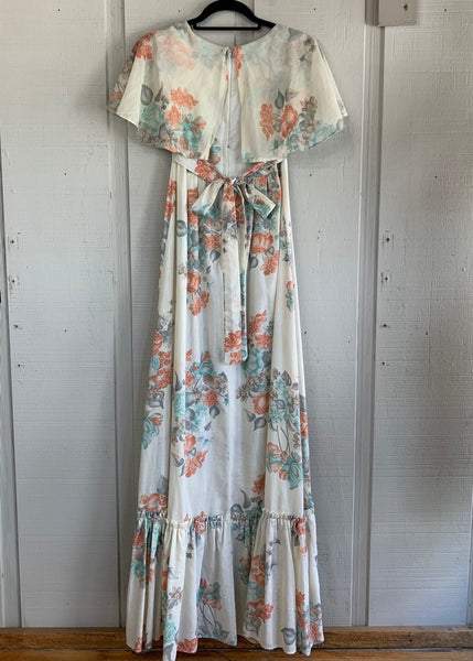 70s Flounce Sleeve Peach & Blue Floral Prairie Dress  w30
