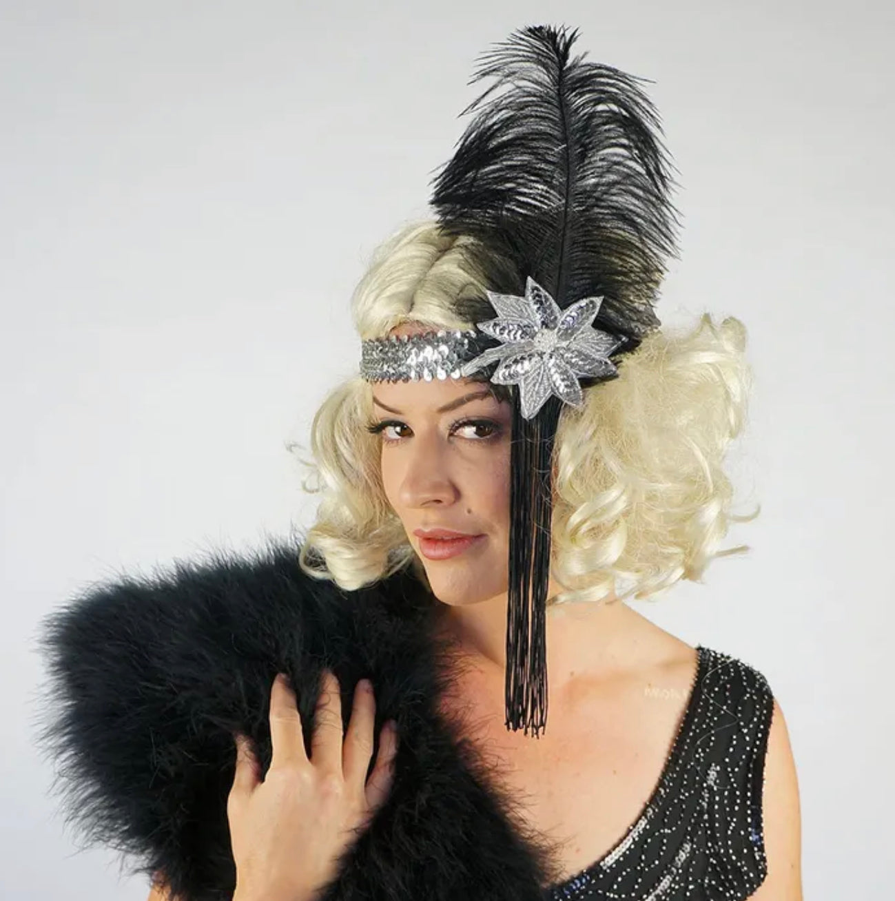 Dollie Flapper HBD Silver & Black Feather & Tassel