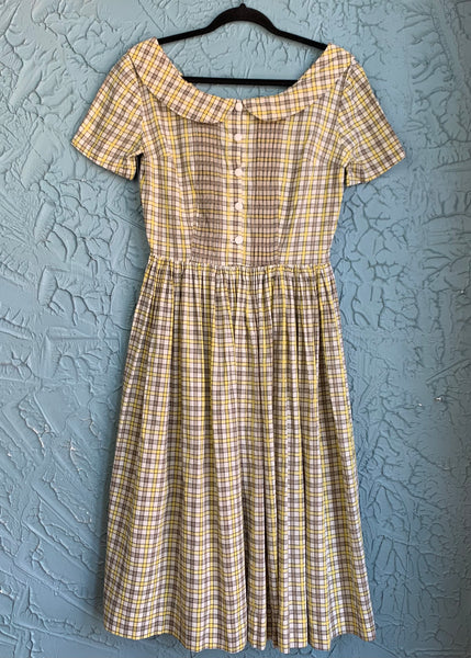 1950s Yellow & Brown Gingham Pan Collar Dress   w29