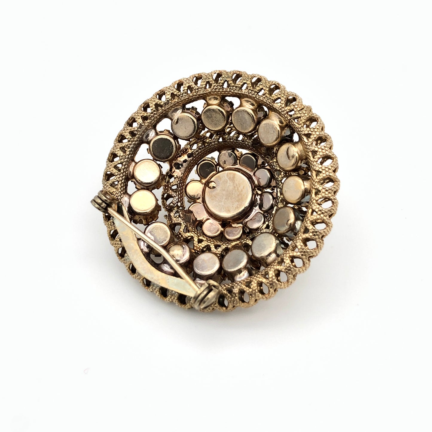 60s Amber Rhinestone on Filagree Domed Brooch