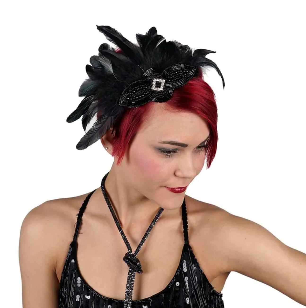 Striped Hackle Feather Bejeweled Satin Flapper HBD