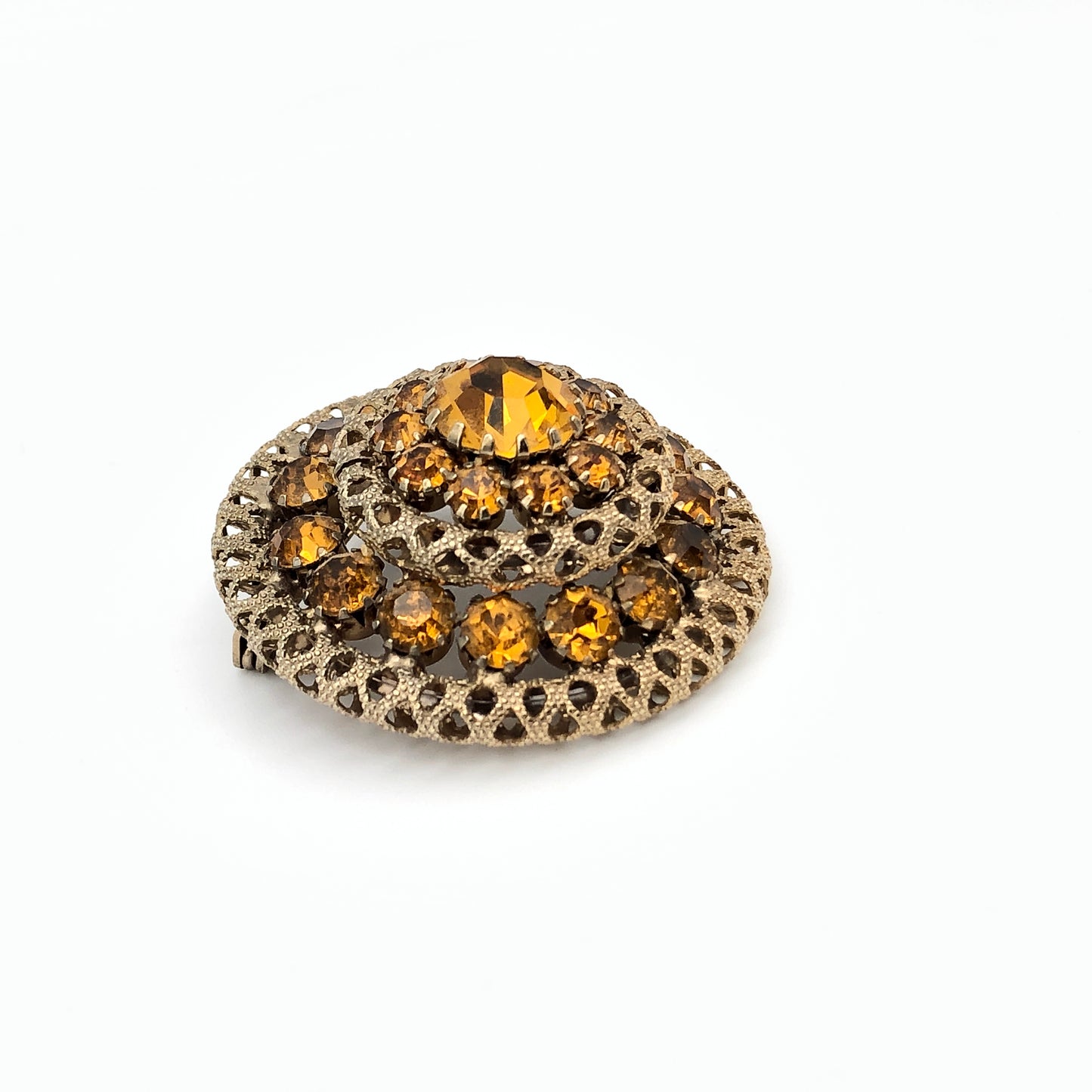 60s Amber Rhinestone on Filagree Domed Brooch