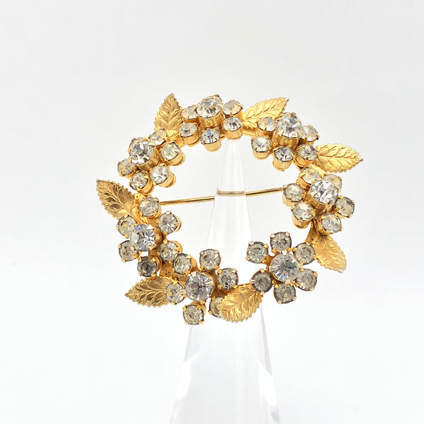 60s Floral Rhinestone Wreath Gold Tone Brooch