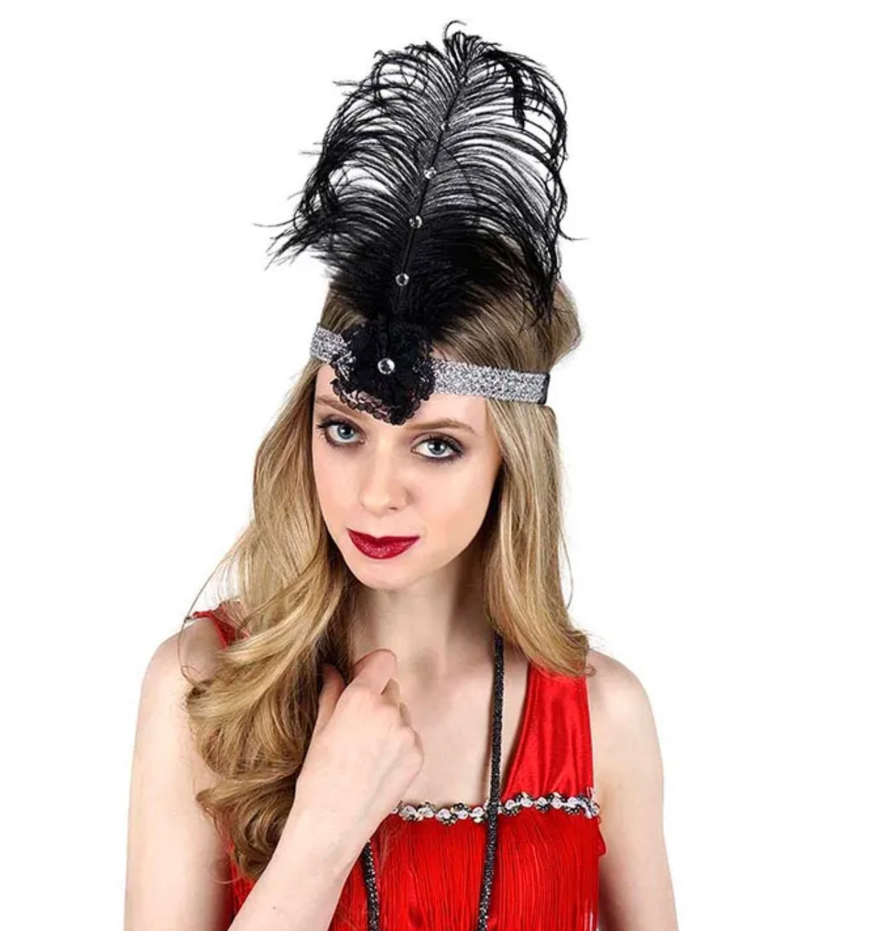 Ostrich Feather Lace Flower Flapper HBD Black & Silver