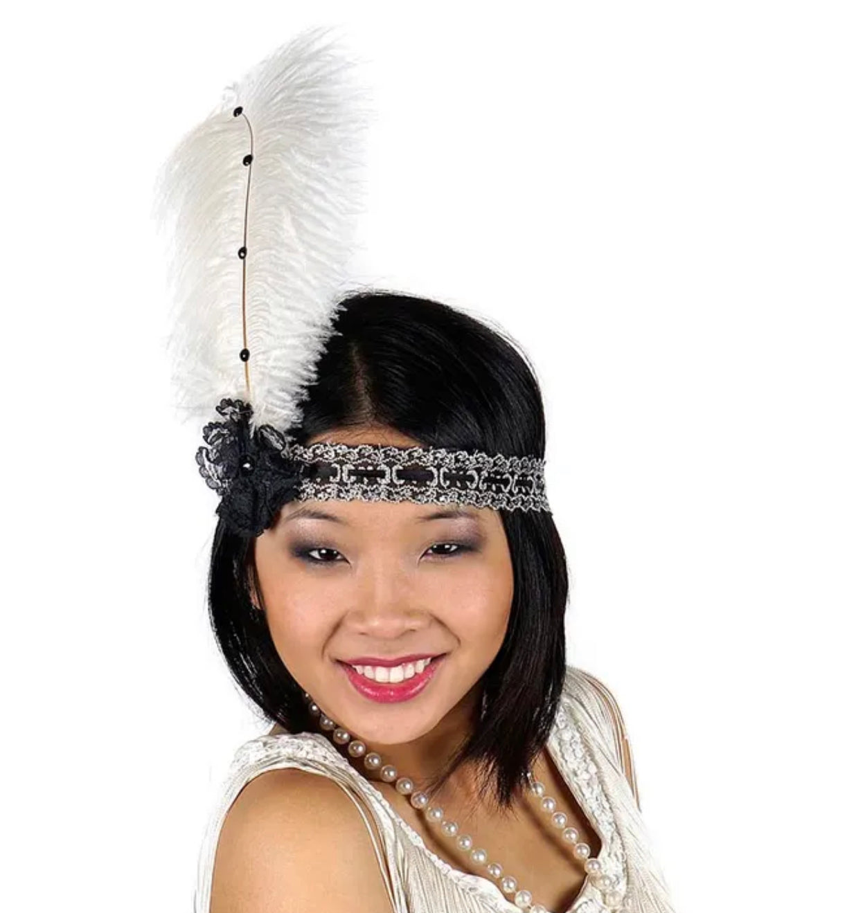 Ostrich Feather Lace Flower Flapper HBD Ivory & Black