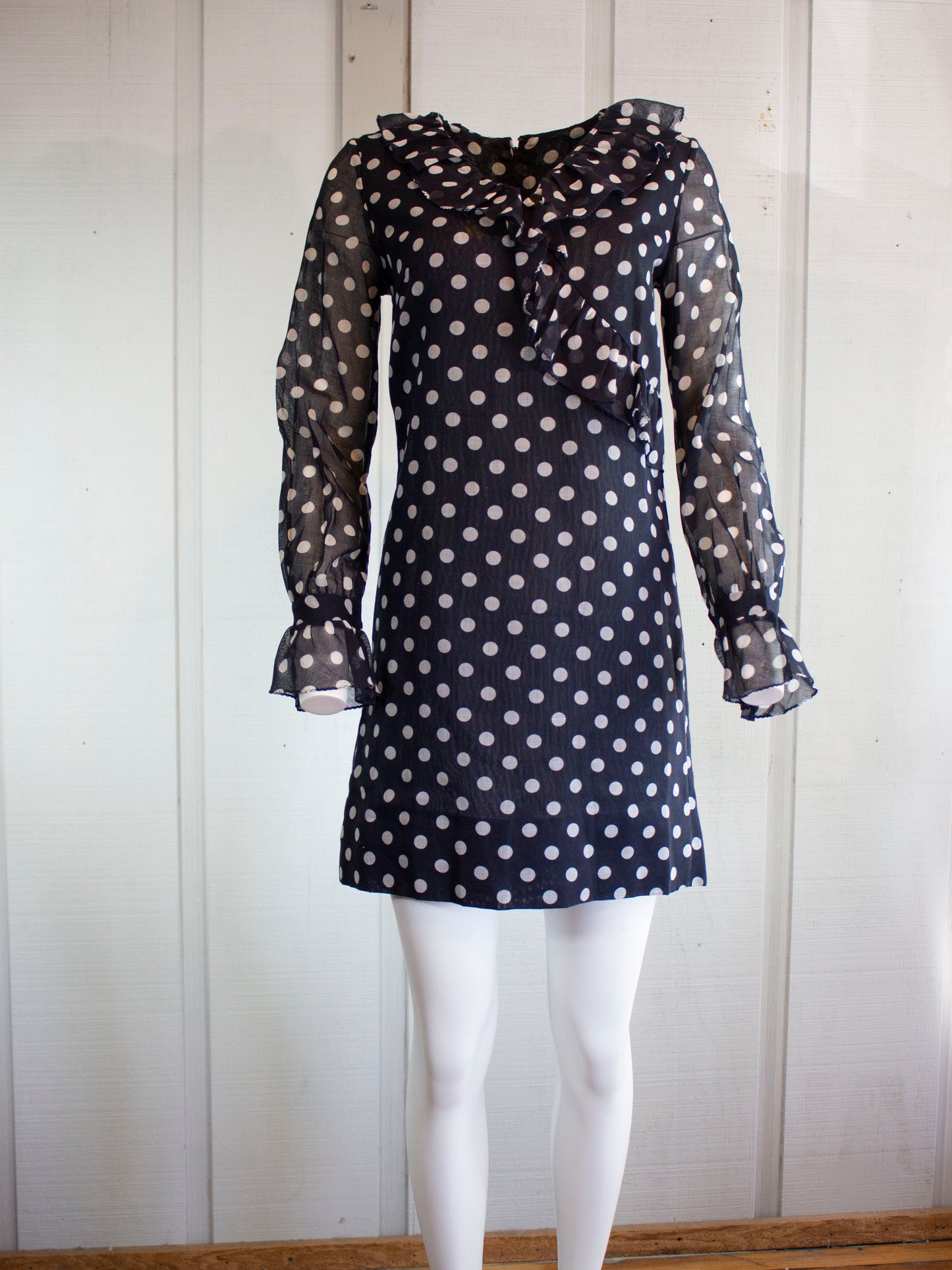 70s Beeline Navy Dot Ruffle Mini Dress         M