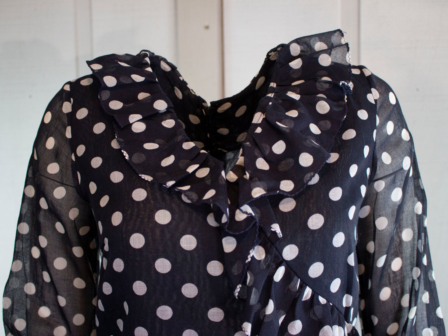 70s Beeline Navy Dot Ruffle Mini Dress         M