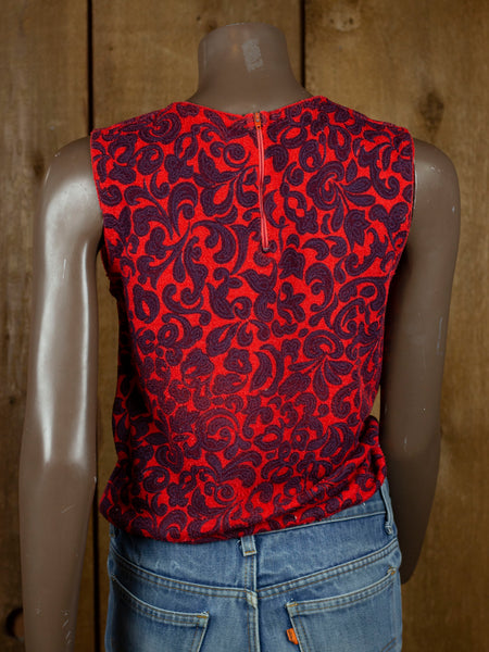 60s Red Knit Floral Sleeveless Top     s/m