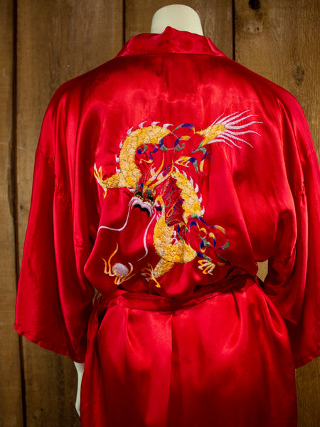 80s Hong Kong Red Satin Dragon Robe    M